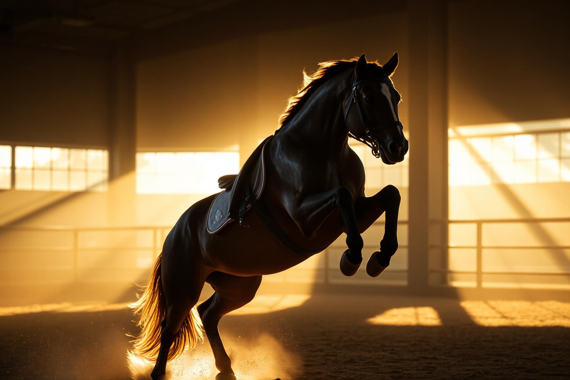 Cavallo sportivo in arena al tramonto